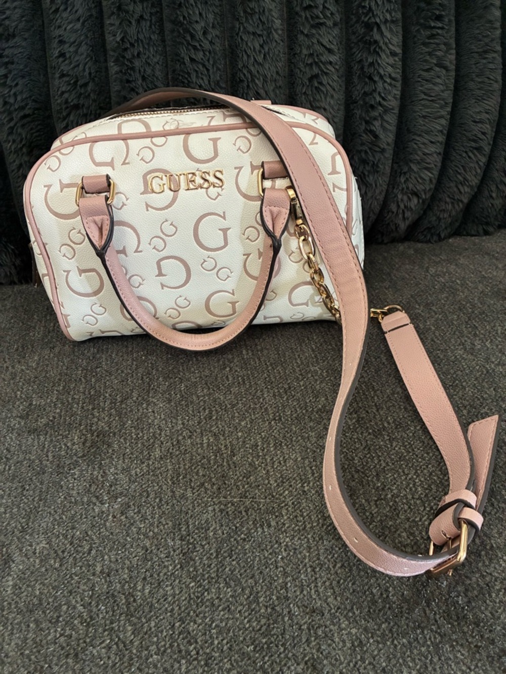 GUESS Cream and Pink Logo Satchel with Gold Hardware